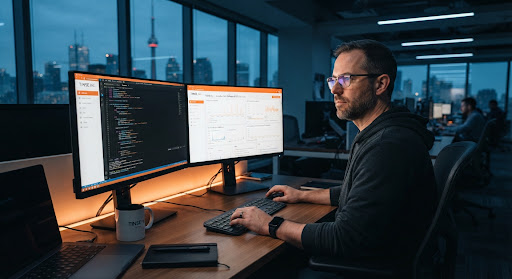 Software engineer at dual monitors in a modern office
